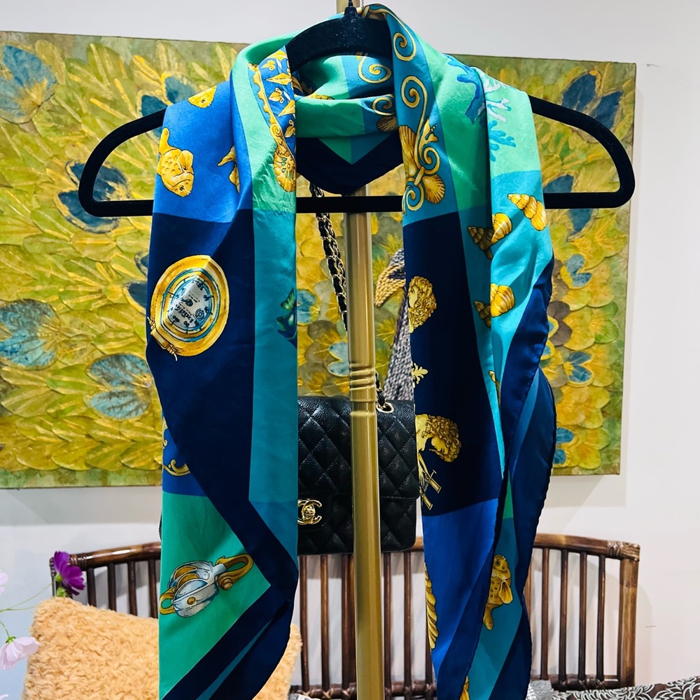 Blue and Teal Silk-Feel Scarf for Home Accent